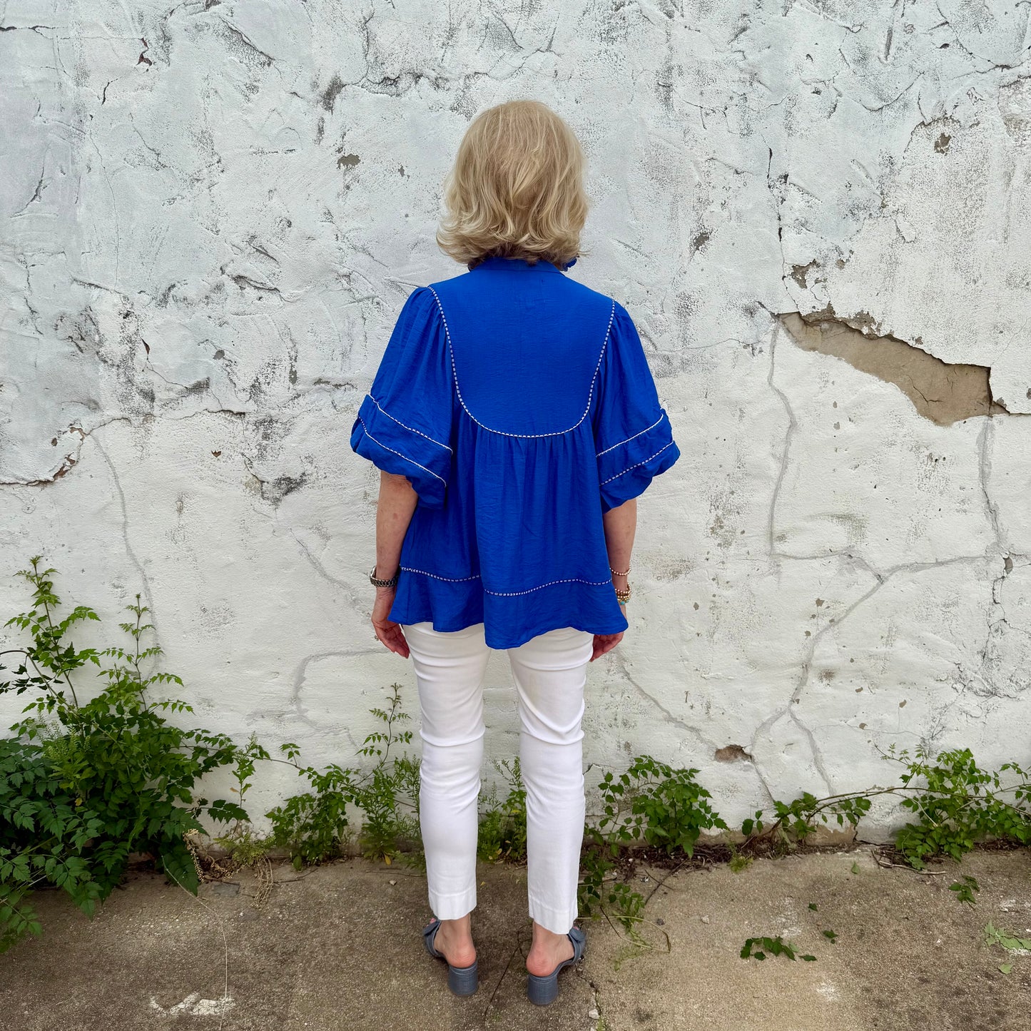 Blue Belle Lace Trim Blouse in bright royal blue. Available in sizes XS-XL.