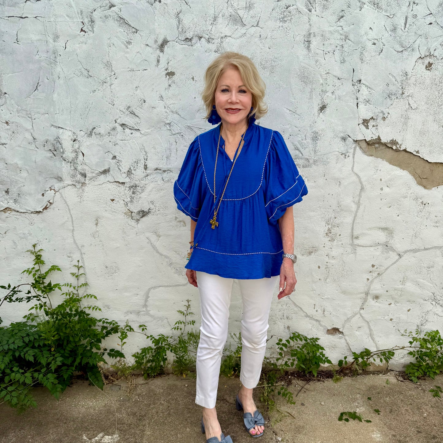 Blue Belle Lace Trim Blouse in blue with lace details; available in sizes XS–XL.