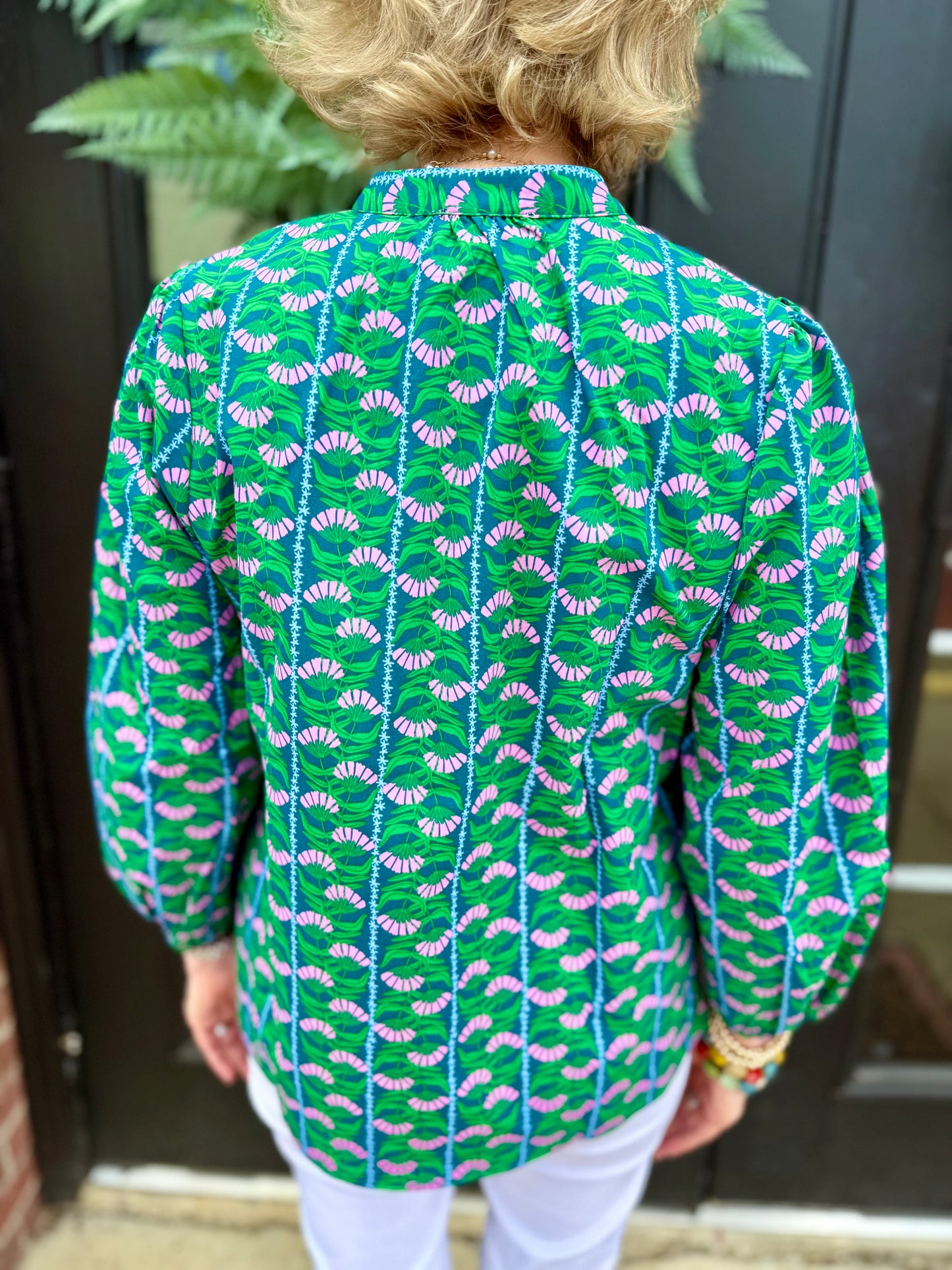 Lia Top: green, 3/4 puff sleeves, quarter button collar. Available in XS-XL.
