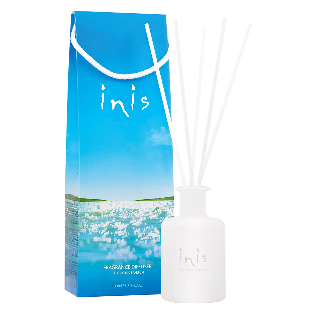 Inis Fragrances of Ireland white diffuser bottle with five reeds. Available in multiple sizes.
