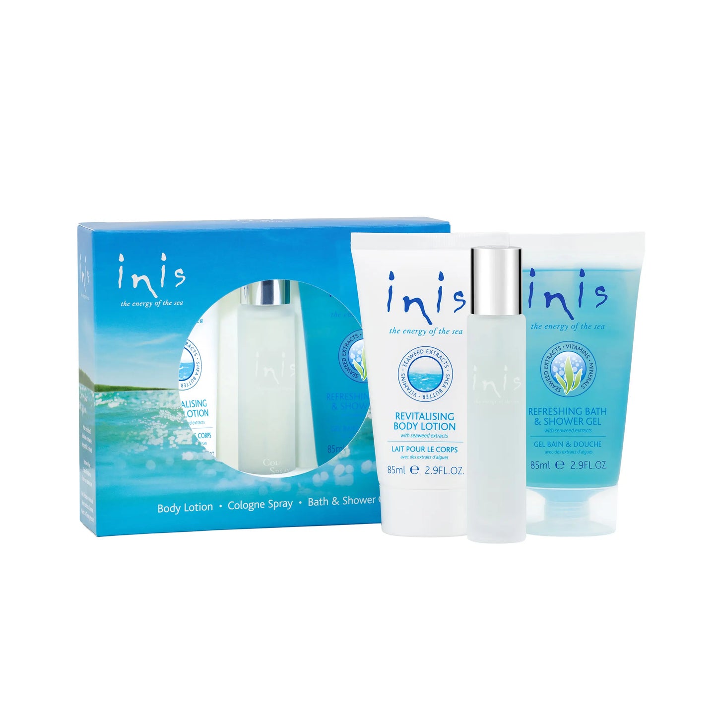 Inis Fragrances of Ireland travel gift set: blue/white box, seaweed body lotion (50ml), bath/shower gel (50ml), “energy of the sea.”.