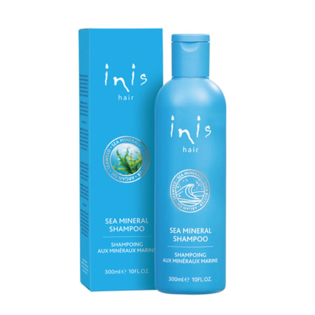 Blue 300ml/10oz Inis Sea Mineral Shampoo with seaweed extracts; sulfate-free, gentle, and suitable for daily use.