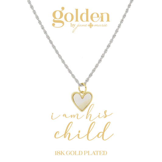 Silver chain necklace with gold metal, white shell-inlay heart pendant. 18K gold plated with "I am His Child" on the card