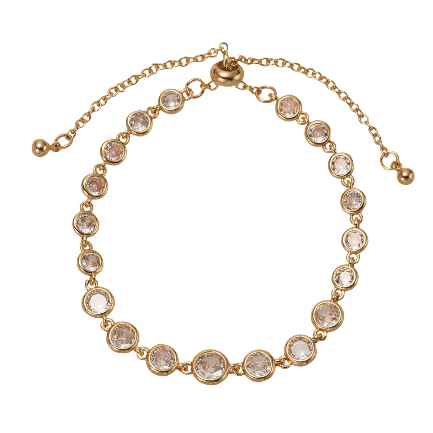 18K gold plated chain bracelet with bezel-set cubic zirconia, sliding clasp, ball ends. Adjustable length 6-9 inches.
