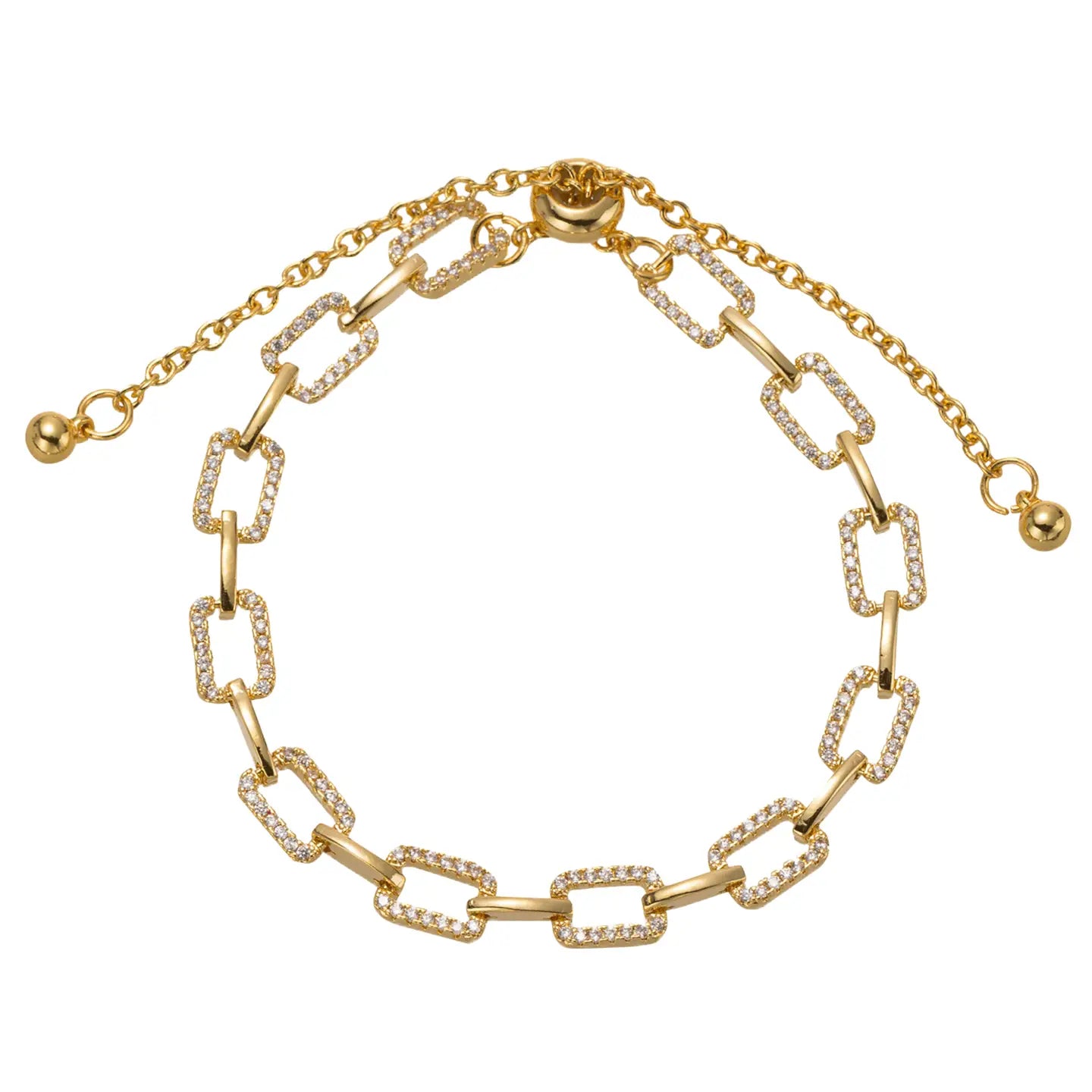18K gold plated rectangle chain bracelet with small diamonds, sliding clasp, gold balls. Adjustable. Available in S/M/L.