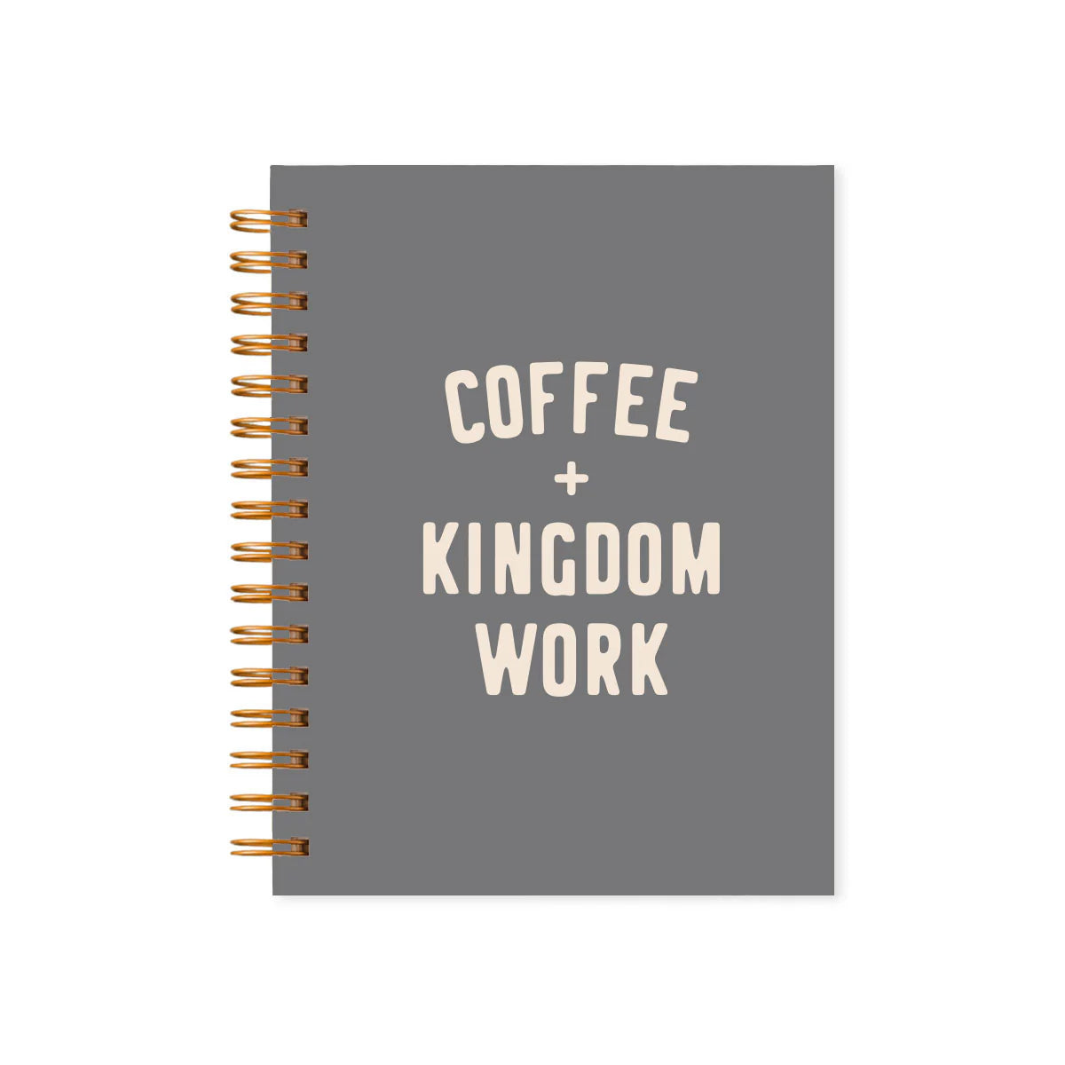 Gray, scratch-resistant hardcover journal with spiral binding, bold lettering, lined pages. Available in standard size.
