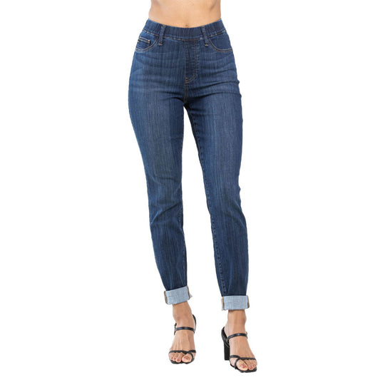 Judy Blue HW Pull-On Double Cuff Slim Jeans. Available in sizes 0-20. Medium-wash denim with double cuffed hems.