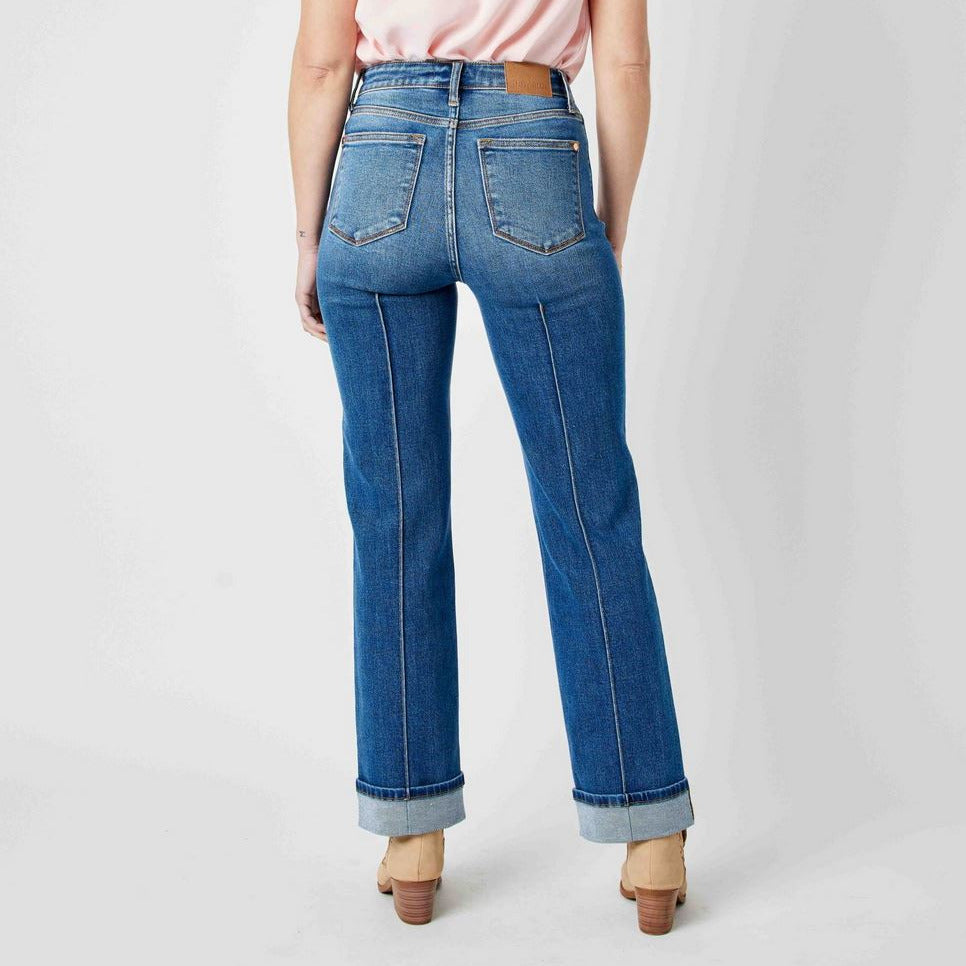 High Waist Front Seam Detail & Cuffed Straight Jeans shown; available in sizes 24-32.