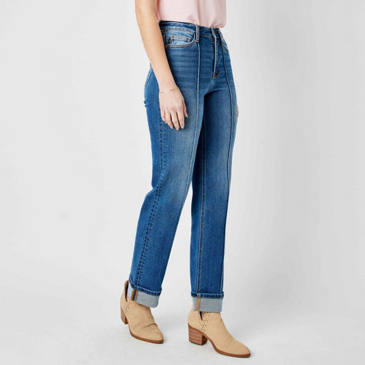 High Waist Front Seam Detail & Cuffed Straight Jeans. Available sizes: 24-32.
