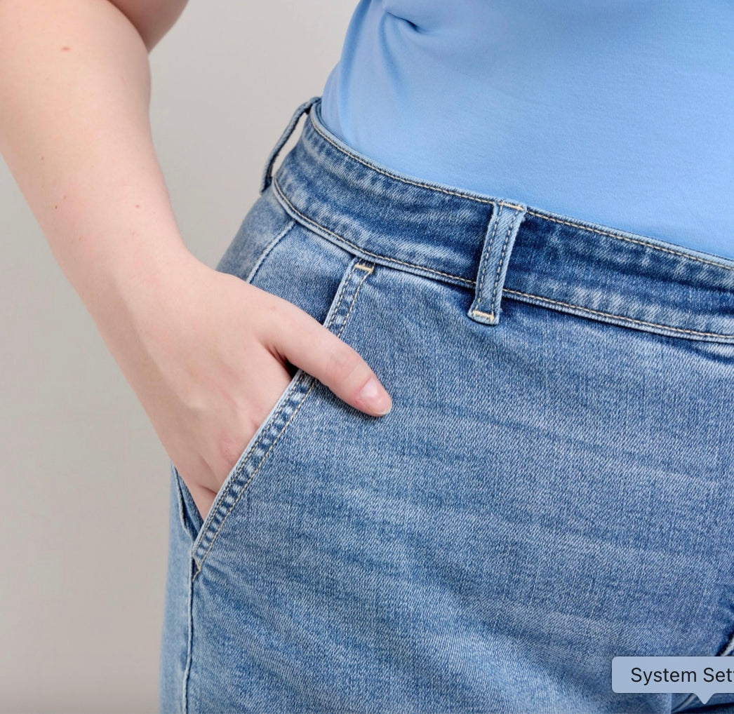 Judy Blue Mid Rise Trouser Shorts, light blue. Sizes available: XS, S, M, L, XL.