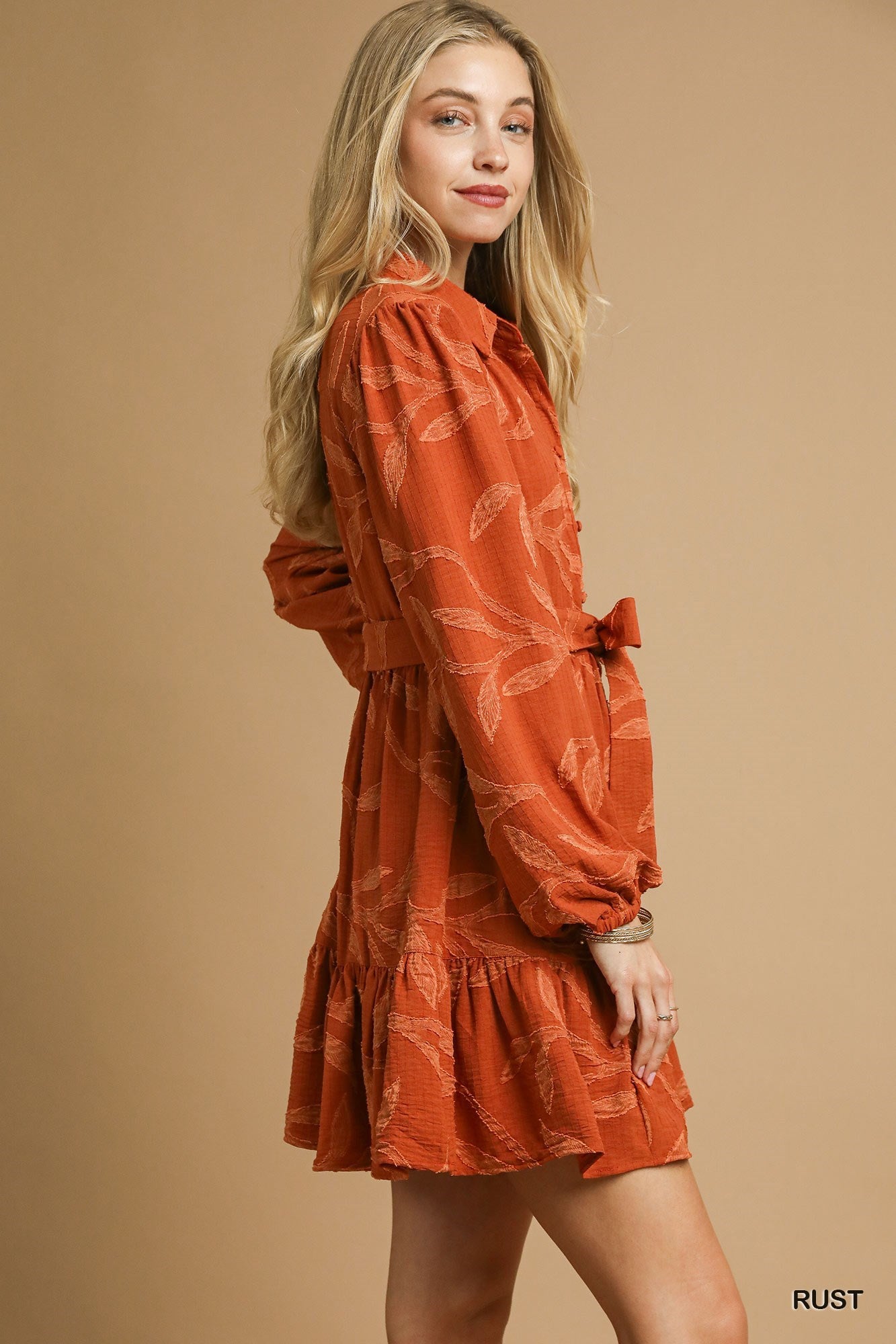 Rust Piper Jacquard Dress with Tie Waist. Available in sizes XS to XL.