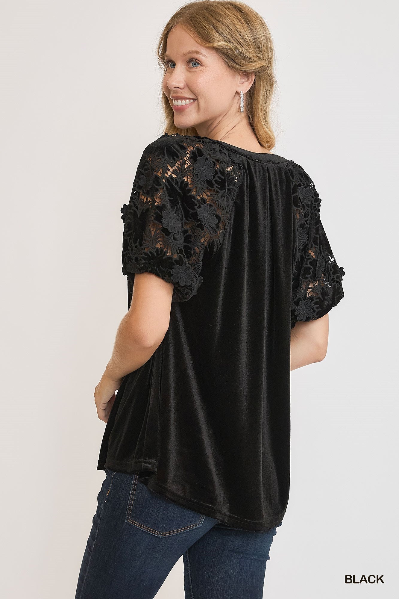Split Neck Velvet Top: short sleeves with lace floral patterns. Sizes: XS, S, M, L, XL. Color: Black.