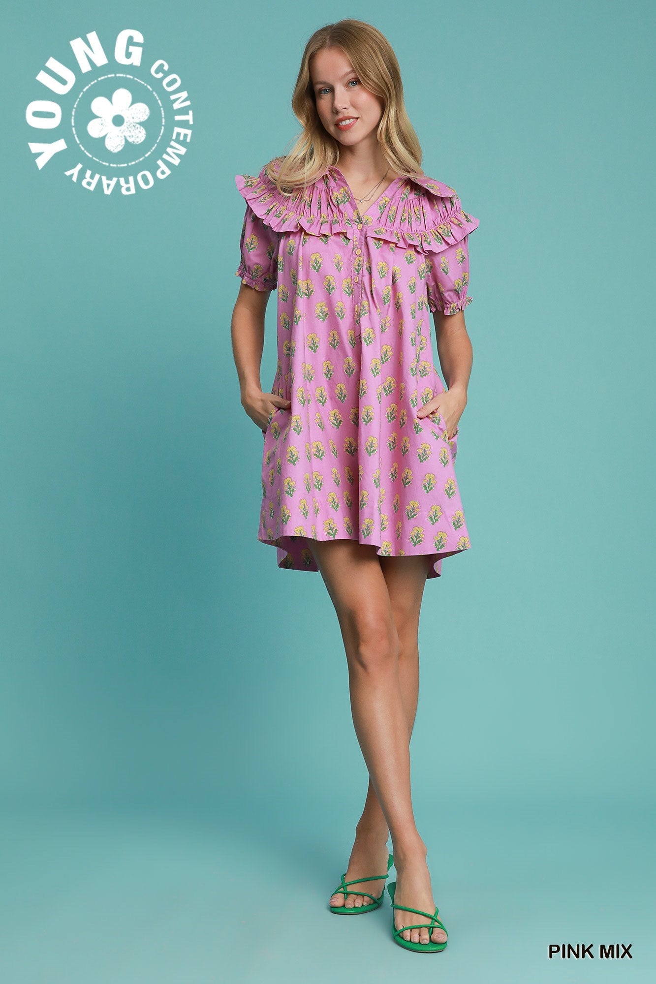 Bubble Sleeve Dress: loose-fit, ruffled floral cotton mini in pink mix. Sizes available: S, M, L. "YOUNG CONTEMPORARY".