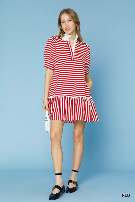 Lacey Ruffle Dress: Features stripes, puffed sleeves, and a tiered ruffle hemline. Available sizes: XS, S, M, L, XL.