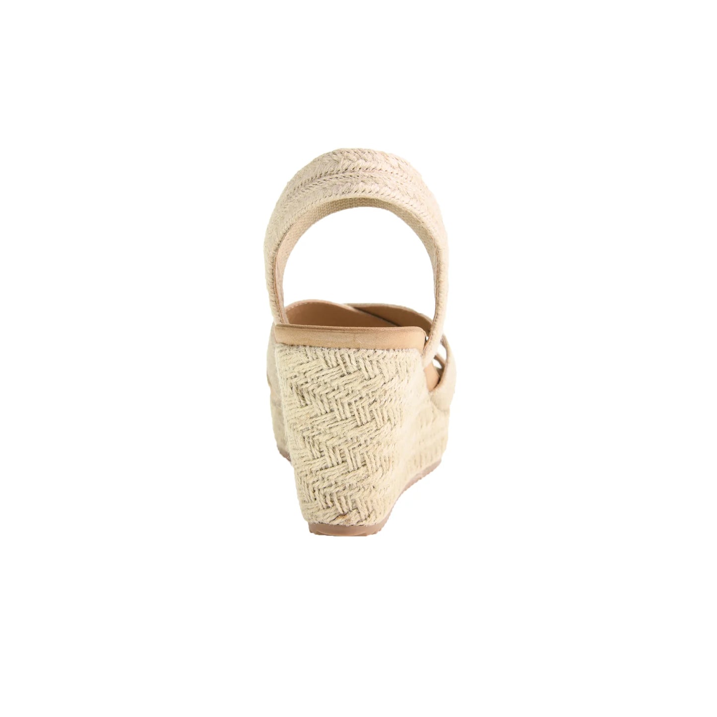 The Key Word Espadrille Wedge Sandal in Natural features a stretch gore, jute-wrapped heel, rear ankle strap, open-toe design, and platform sole. Available sizes: 6-10.