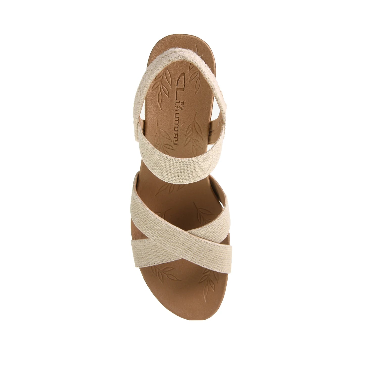 The Key Word Espadrille Wedge Sandal - Natural: Single tan wedge with crisscross fabric, ankle straps, and a brown footbed embossed with leaf patterns. Available sizes: 6-11.