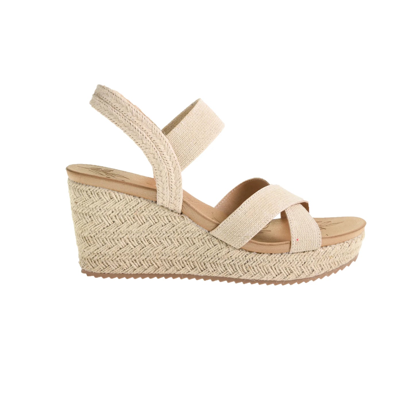 The Key Word Espadrille Wedge Sandal in Natural offers stretchy fabric straps, an ankle strap, and a woven-textured wedge. It includes a durable rubber sole. Available sizes: 6-10.