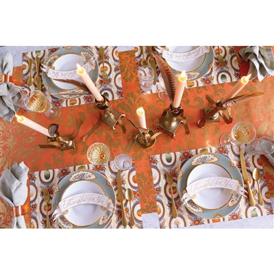 Orange Damask Table Runner shown; available in multiple sizes.