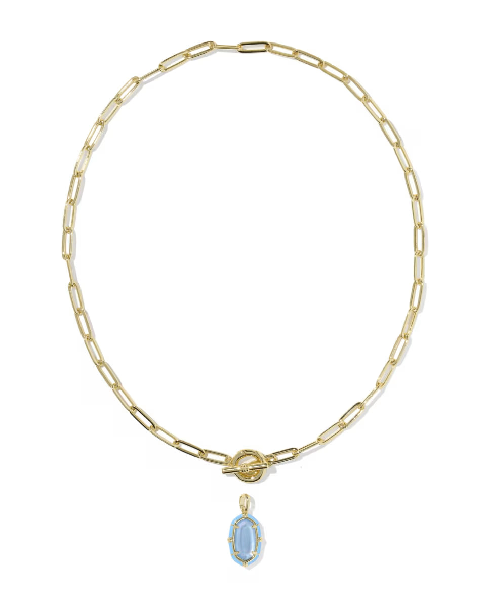 Elisa Gold Enamel Link and Chain Necklace in Periwinkle Illusion by Kendra Scott features elongated gold links, a toggle clasp, and a central blue oval gemstone pendant set in 14k yellow gold. Available in various lengths.