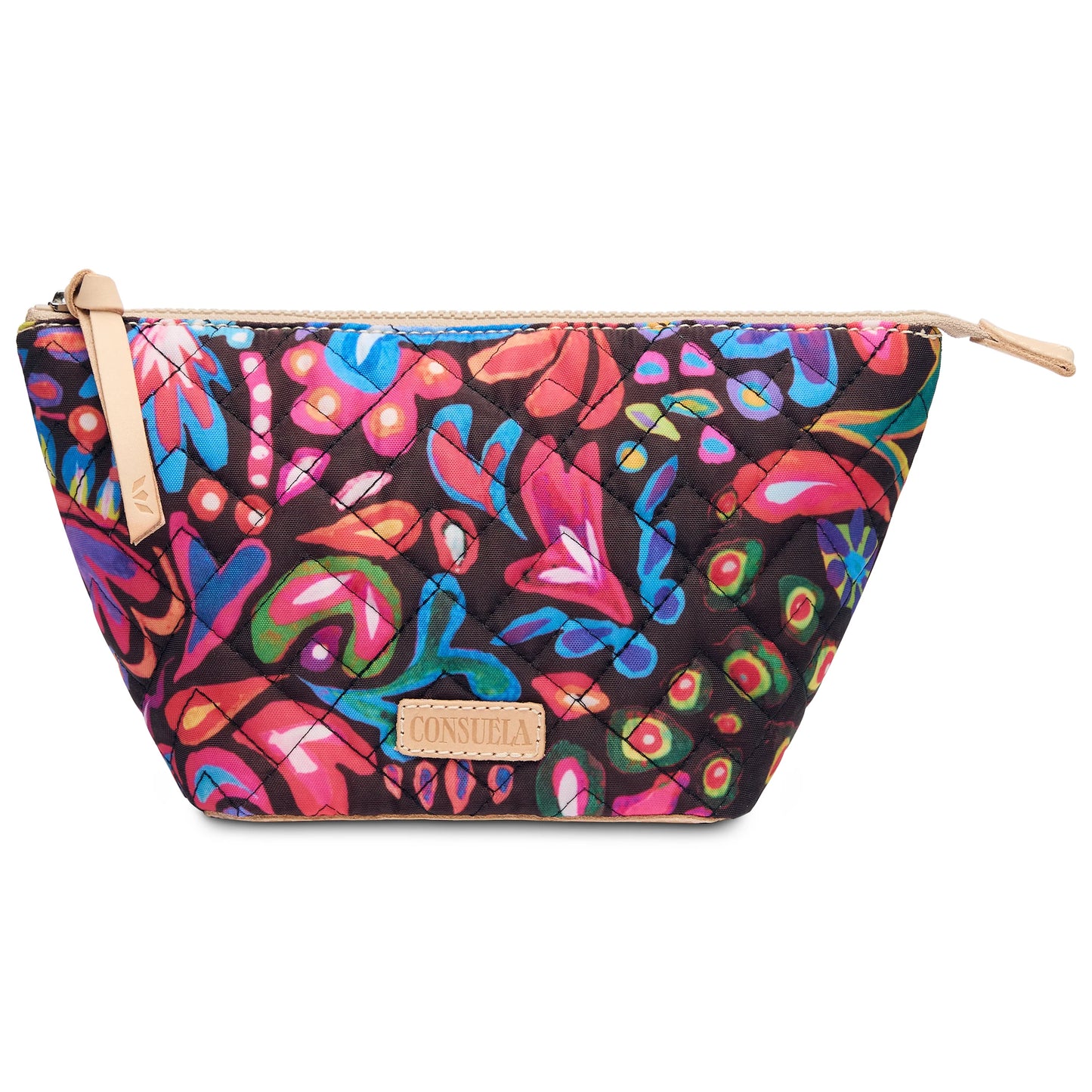 The Sam Large Tool Kit is a quilted fabric pouch with a floral and abstract design on a dark backdrop. It has a tan leather zipper pull and a small tan label with "Consuela." Available in one size, perfect for storing cosmetics.
