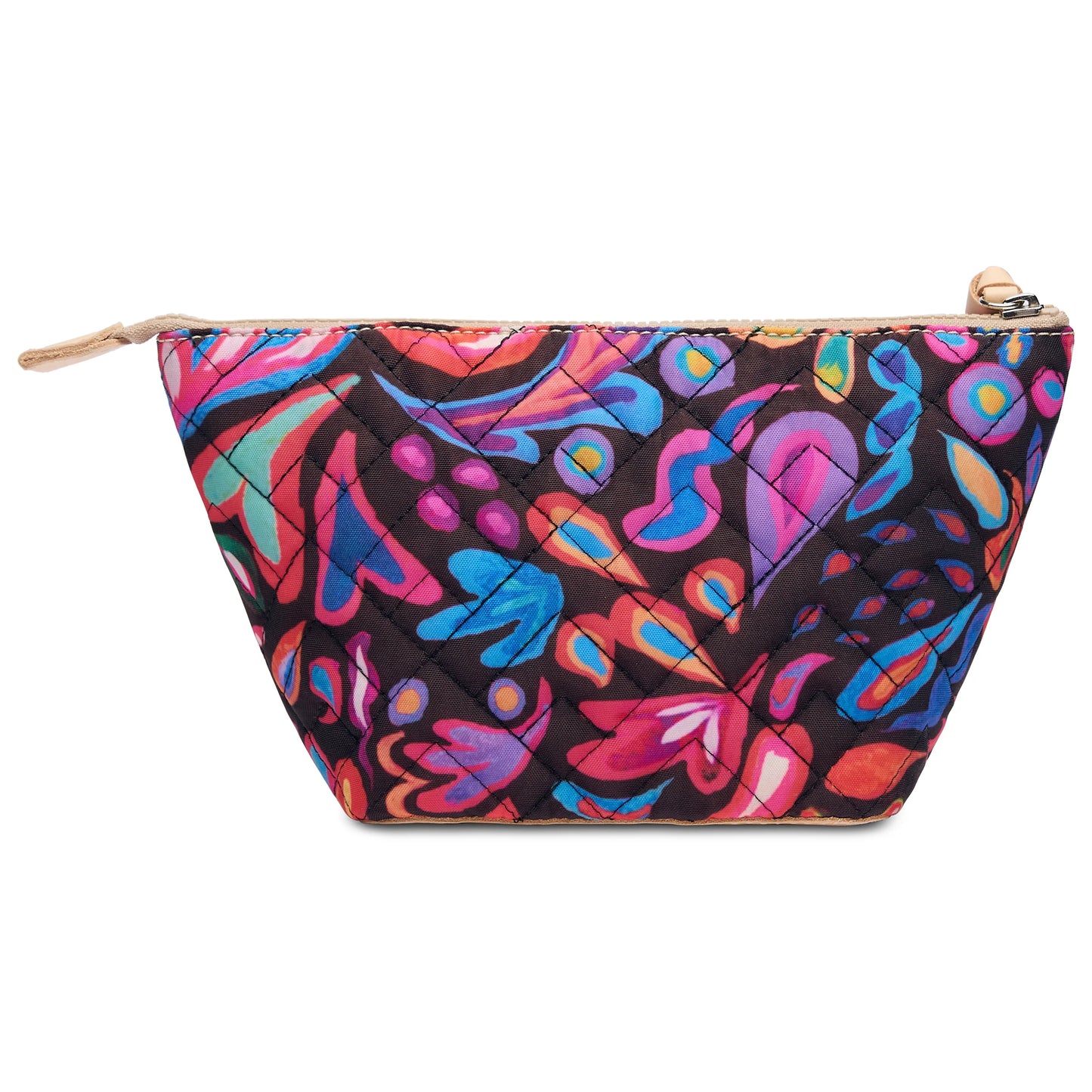 The Sam Large Tool Kit is a colorful quilted fabric bag with an abstract pattern in red, pink, blue, and purple on black. It has a zippered closure with a tan leather pull tab. Size available: Large.