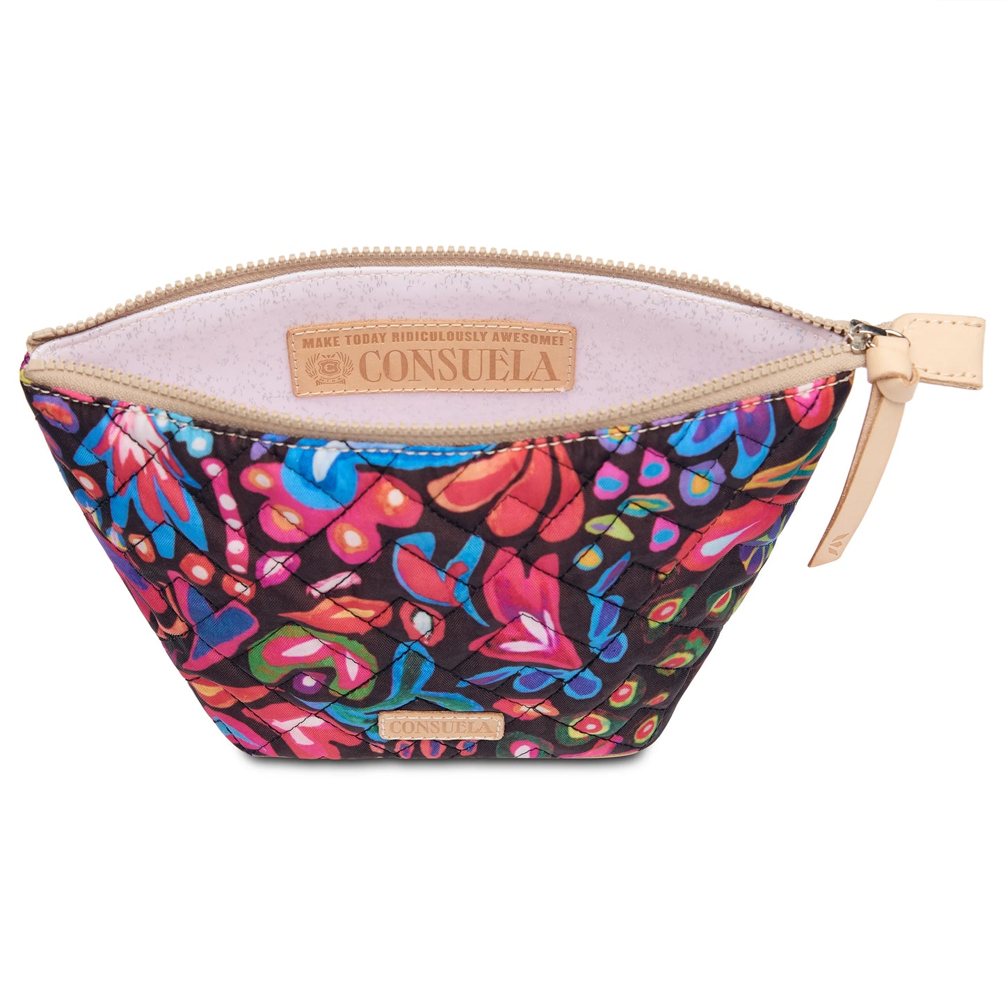 The Sam Large Tool Kit is a quilted fabric bag with a colorful floral pattern for cosmetics storage. It features a tan leather zipper pull and "Consuela" brand label. Available in one size.