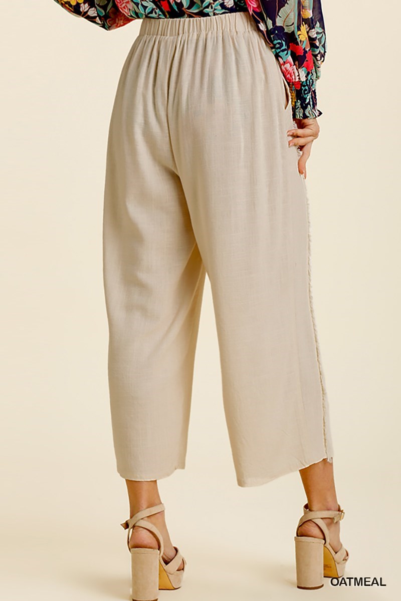 Linen Frayed Edge Wide Leg Pants with Pockets