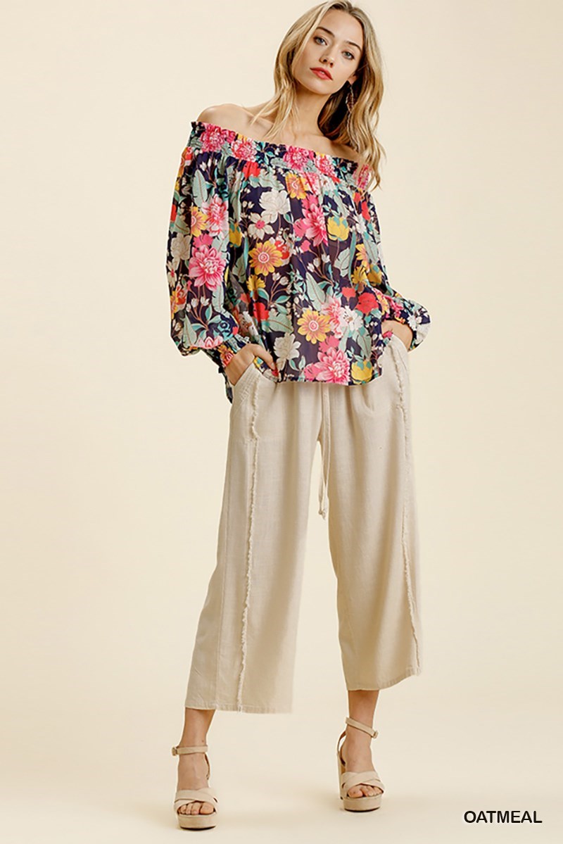 Linen Frayed Edge Wide Leg Pants with Pockets