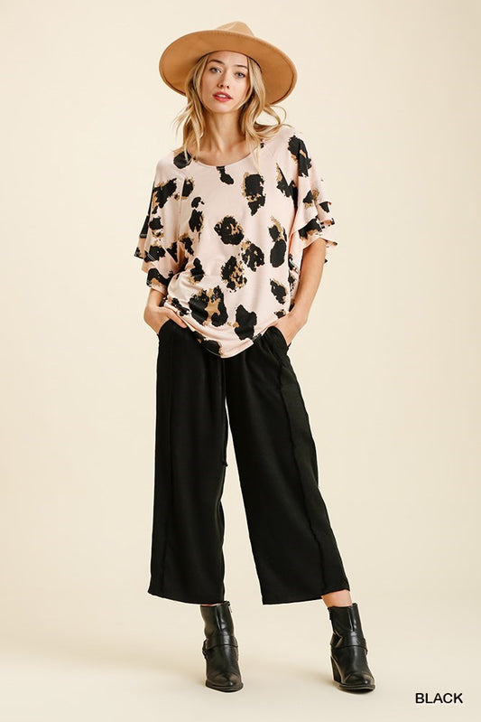 Linen Frayed Edge Wide Leg Pants with Pockets, available in sizes XS–XL.
