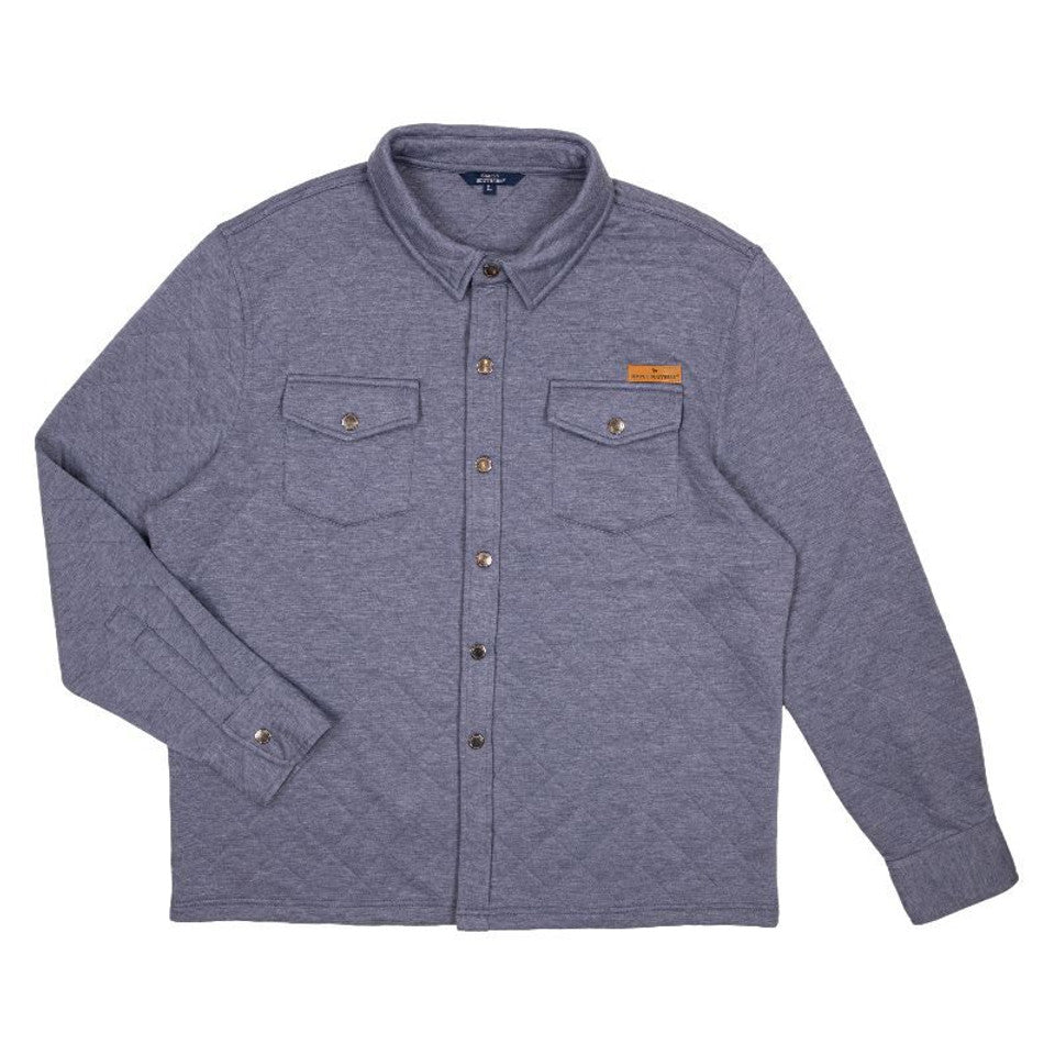 A Men Quilted Shacket with long sleeves, two front pockets, and a small brown logo tag on the left pocket, displayed against a white background.