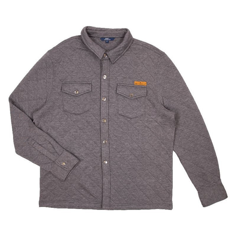 A gray Men Quilted Shacket with two front pockets, displayed against a white background. The jacket features snap buttons and a small, rectangular brown logo on the left pocket.