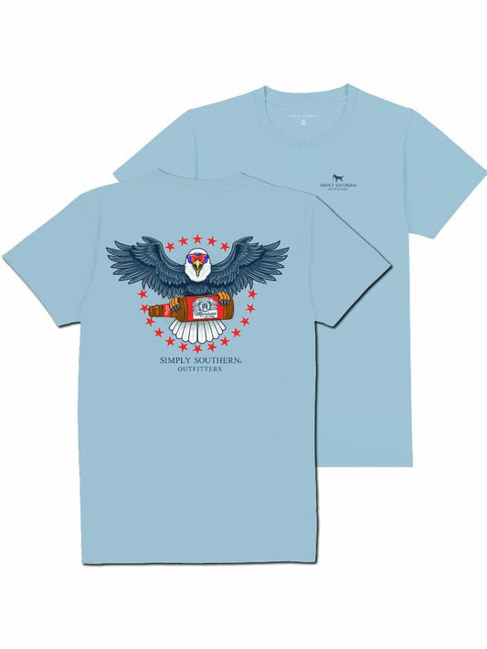 Men's Eagle Blue Shirt with eagle and fireworks design, red stars, chest logo. Available sizes: S-XXL.