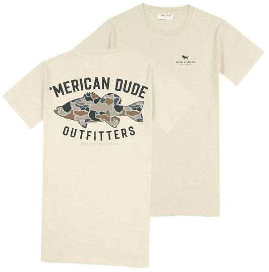 Men's Camo Fish T-Shirt in beige. Features a small Southern logo and fish above "MERICAN DUDE OUTFITTERS" on the front; large camo fish and "'MERICAN DUDE OUTFITTERS SIMPLY SOUTHERN" on the back. Available in sizes S-XXL.