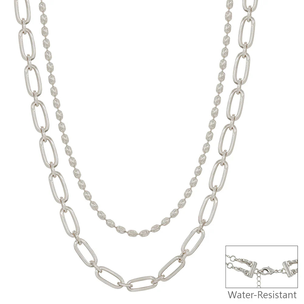 Water Resistant Silver Double Layered Oval and Flat Chain Necklace