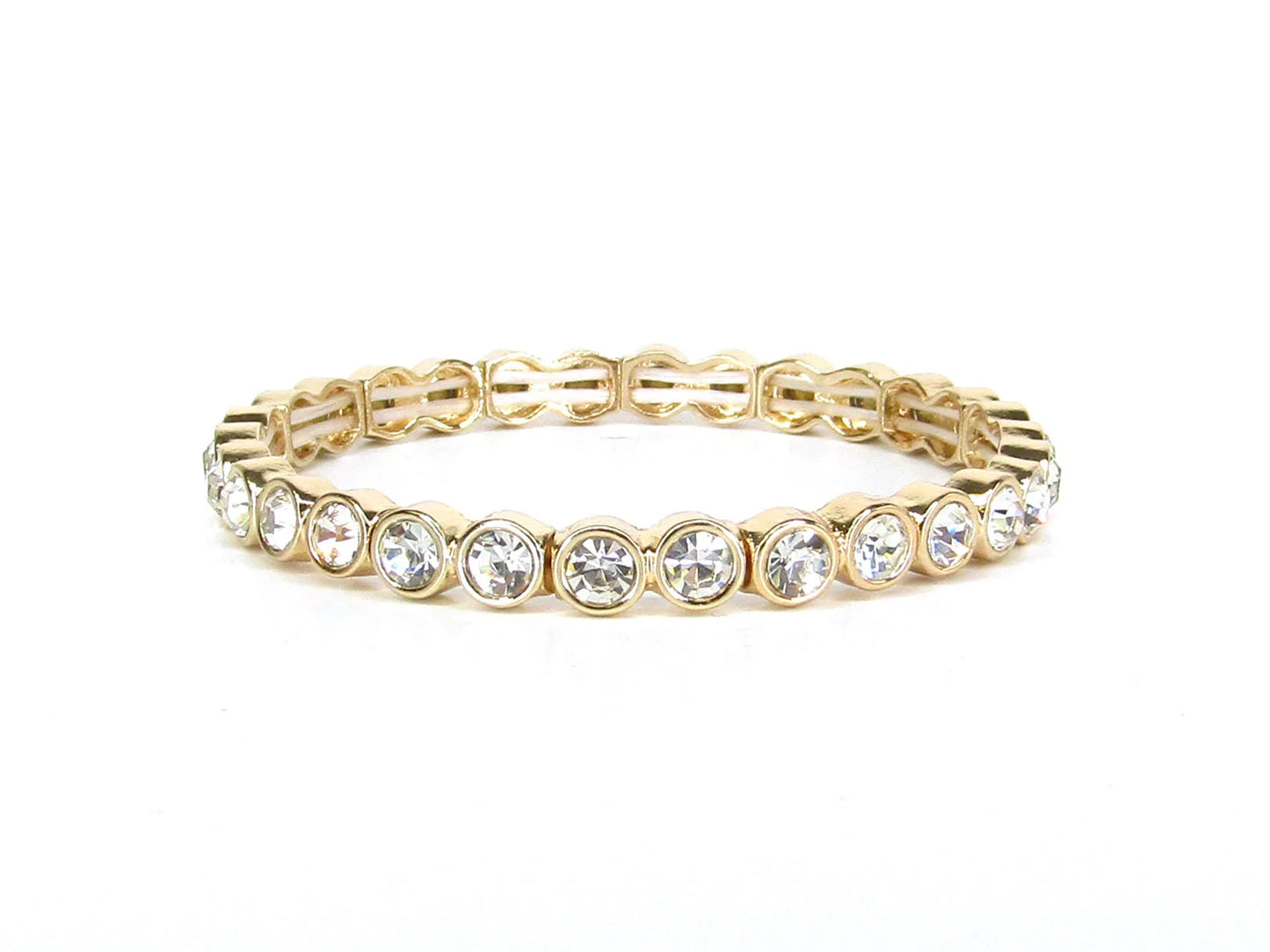 Morgan Gold Crystal Stone Stretch Bracelet featuring a row of round clear crystals in bezel settings. Available in multiple sizes.