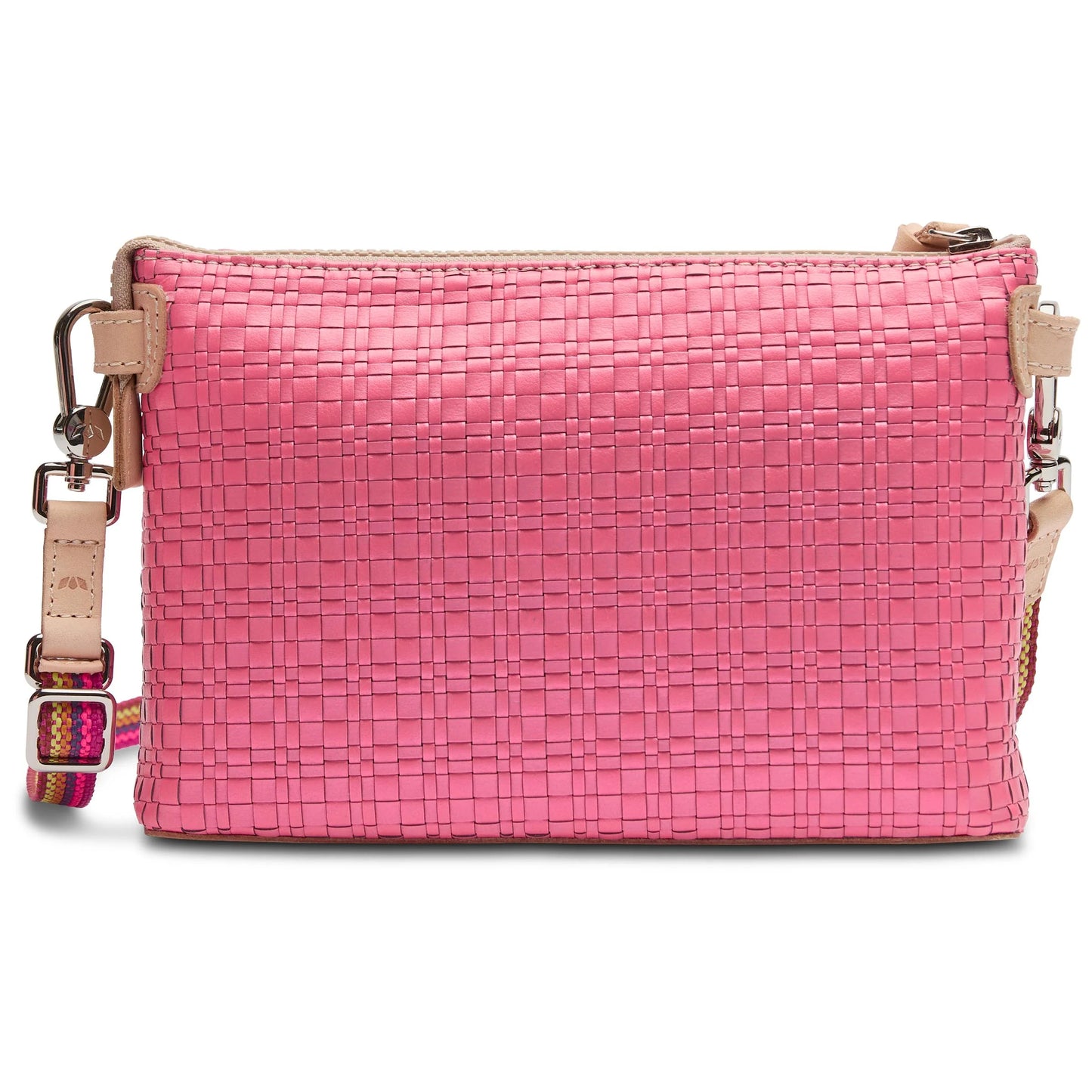 The Midtown Crossbody, Pink: small woven-texture bag with beige leather accents, zipper closure, and adjustable strap featuring a colorful woven pattern. Available sizes: Small, Medium.