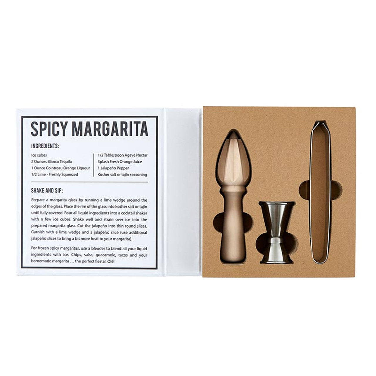 The Margarita Book Box – Salt Lime Tequila Margarita is a spicy margarita cocktail kit featuring a wooden reamer, metal jigger, stainless steel tools, labeled compartments, gift-ready packaging, and an included recipe card. Size: One size.