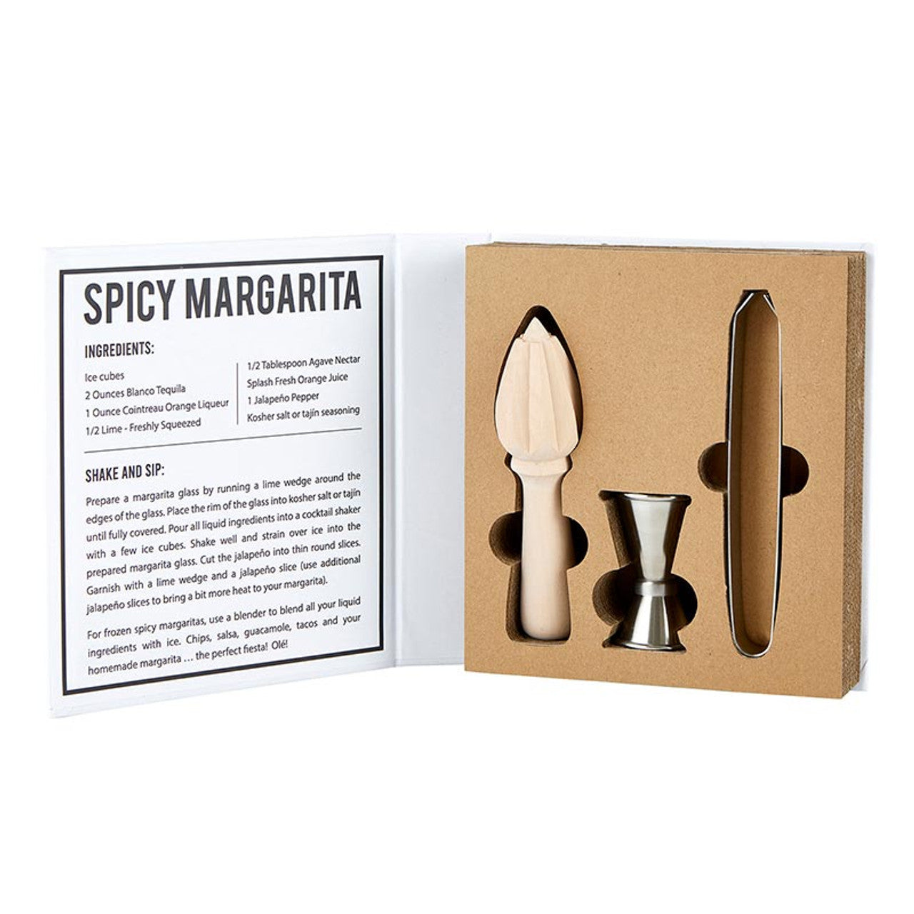 The Margarita Book Box - Salt Lime Tequila Margarita includes a recipe card, citrus reamer, jigger, and metal bar spoon in organized gift packaging with a sturdy cardboard insert. Size: One size.