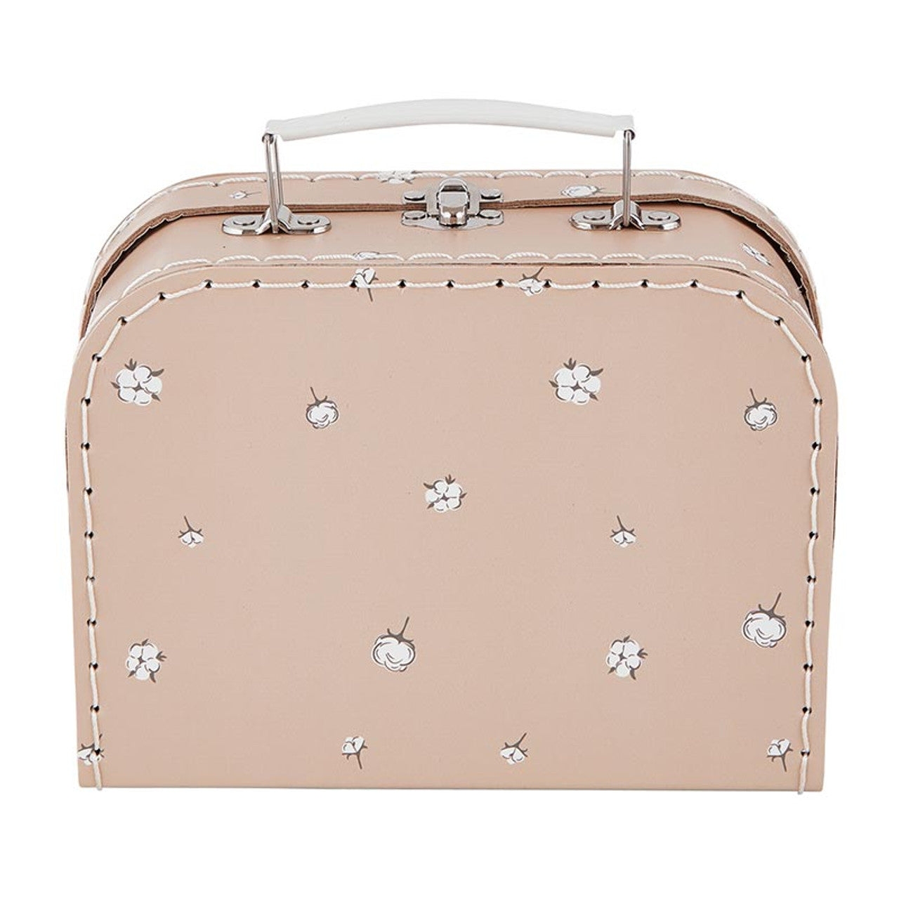 Small beige vintage-style suitcase set with white handle and clasp. Features tiny white flowers with silver centers and white stitching along edges. Ideal for storing a charming gift set or delicate items. Available in small size only.