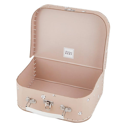 Light pink suitcase with white handle and metal latch. Interior lined with matching light pink material; exterior features small white floral patterns. Label inside reads "Handmade BABY." Available sizes: Small, Medium, Large.