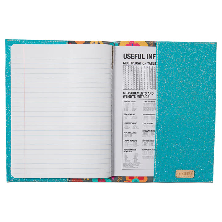 Consuela Notebook, Amelie: lined left pages, turquoise right pocket, floral cover, reference sheet. Sizes available: standard.