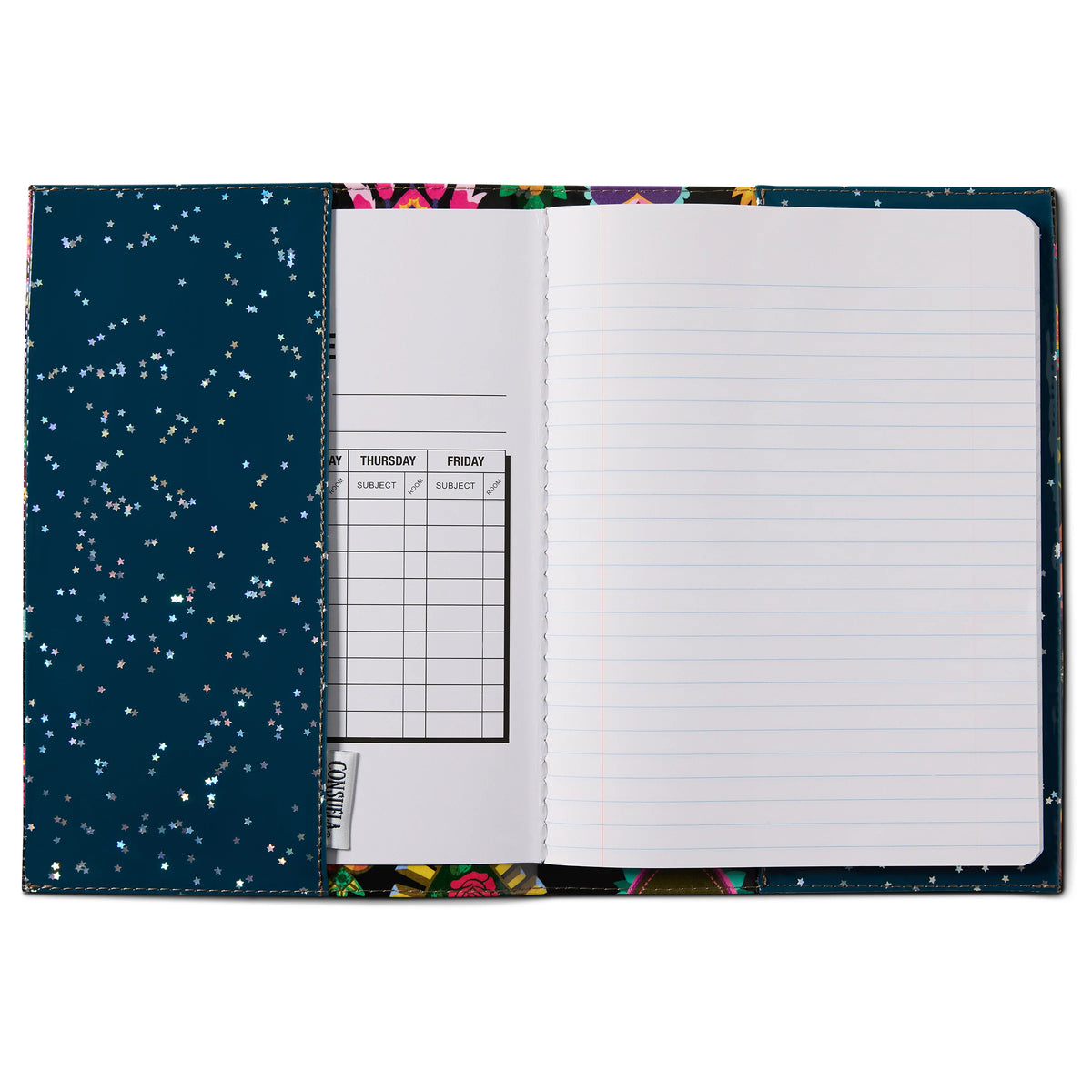Open Consuela Notebook, Vida style, with dark blue pocket cover and white speckles, schedule card inside, lined pages visible. Available sizes: small and medium.