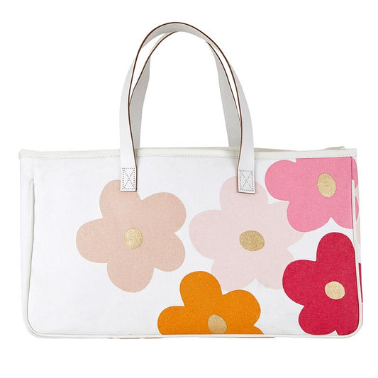 The Canvas Tote - Flowers is a white tote bag featuring a vibrant floral design in red, pink, orange, and beige with golden centers. It has sturdy genuine leather handles. Available sizes: One Size.