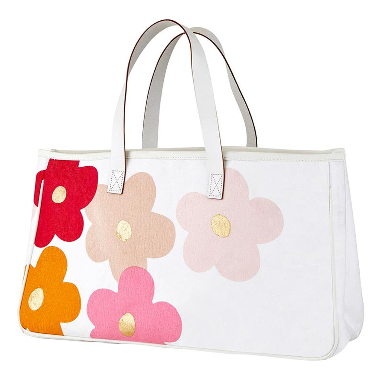 The Canvas Tote - Flowers: Vibrant floral design on white canvas with genuine leather handles. Features pink, red, and orange flowers with gold centers. Sizes available: One size.