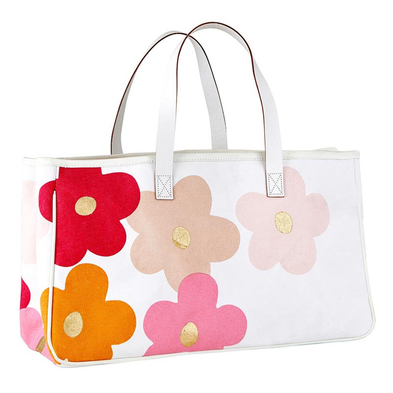 The Canvas Tote - Flowers: White tote with vibrant red, pink, orange, and beige flower print. Sturdy white handles with brown edging. Rectangular shape. Size: One size available.