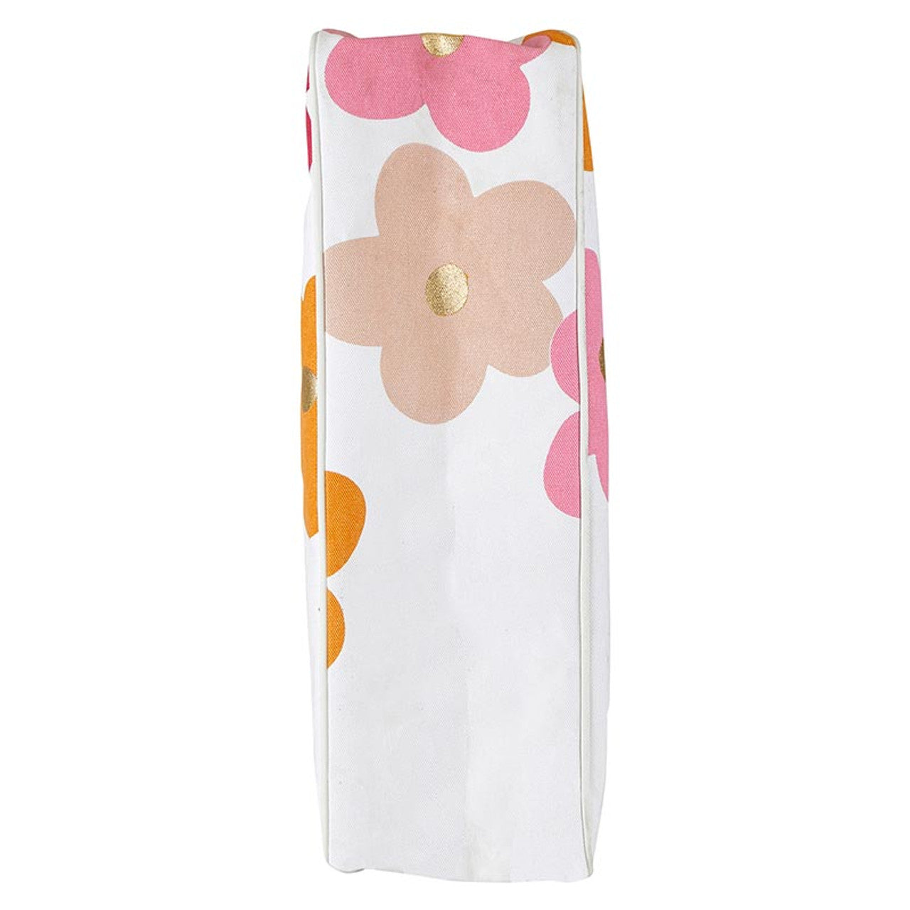 Canvas Tote - Flowers: Vibrant floral design in pink, orange, and peach with gold centers on a white background. Available sizes: Small, Medium, Large.