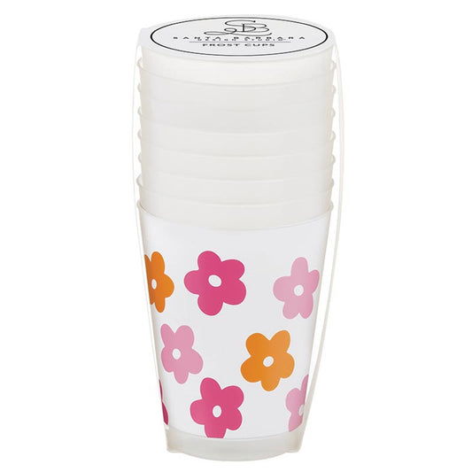 A stack of Frost Cups - Multicolor Flowers features frosted plastic cups adorned with vibrant pink and orange floral designs. Available sizes: 12 oz, 16 oz, and 20 oz.