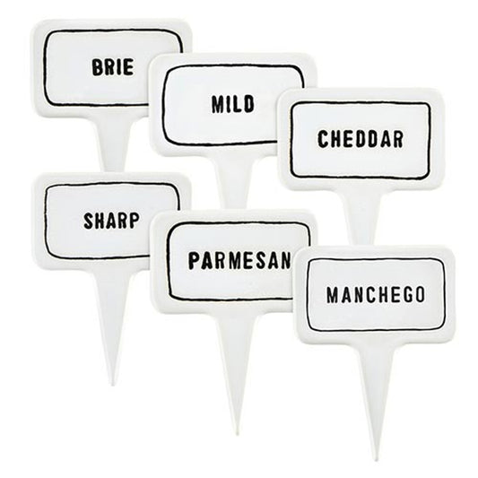Ceramic Cheese Markers - Set of 6: Ceramic labels with black outlines featuring Brie, Mild Cheddar, Sharp, Parmesan, and Manchego. Perfect for cheese parties.