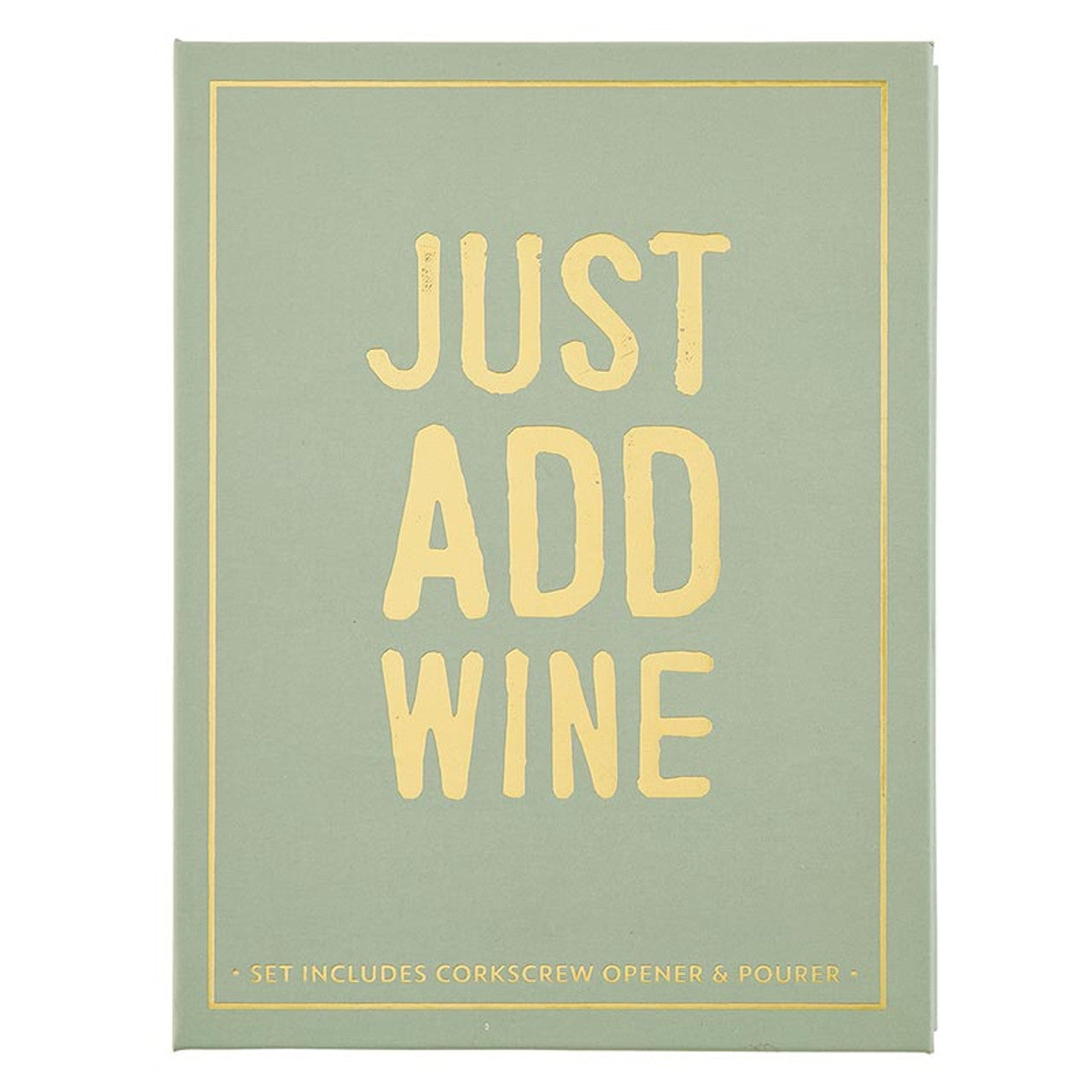 Green "JUST ADD WINE" box features a corkscrew opener and pourer in a stylish Wine Serving Set Book Box. Ideal for gifting, it includes stainless steel tools for easy wine opening. Sizes available: One size.