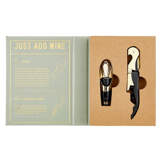 The Wine Serving Set Book Box includes a gold and black wine pourer and a wooden-handled corkscrew opener. Sizes: N/A.